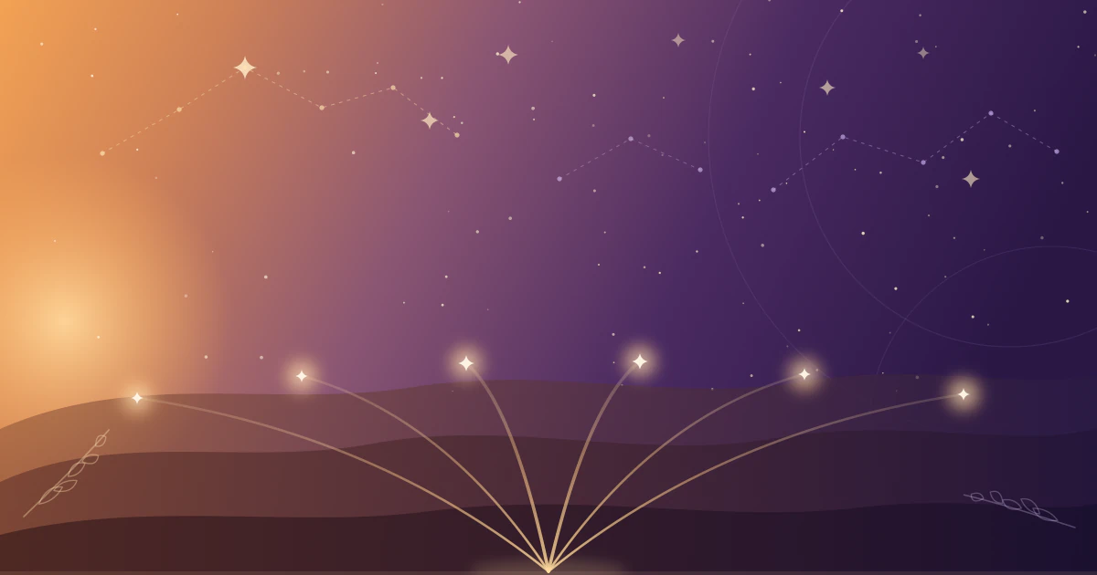 Un camino que se bifurca en seis senderos, cada uno hacia una estrella, sobre colinas y un cielo de amanecer ámbar y morado