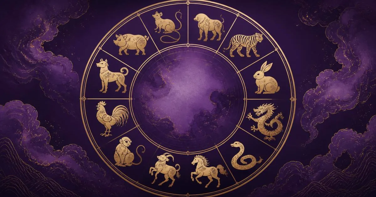 Rueda con los doce animales del zodiaco chino de BaZi en tonos morados y dorados