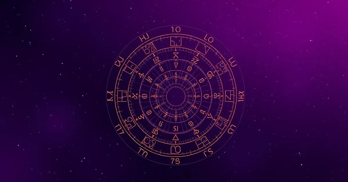 Rueda de una carta astral con casas, planetas y aspectos sobre un cielo estrellado morado