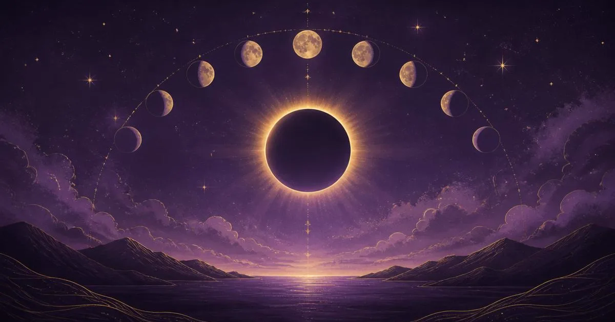 Eclipse solar y fases lunares sobre un cielo morado, energΓa del mes