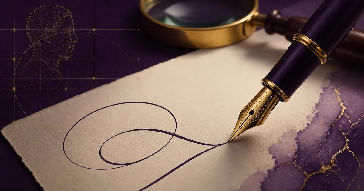 Pluma estilográfica trazando una firma sobre papel, análisis grafológico en tonos morados