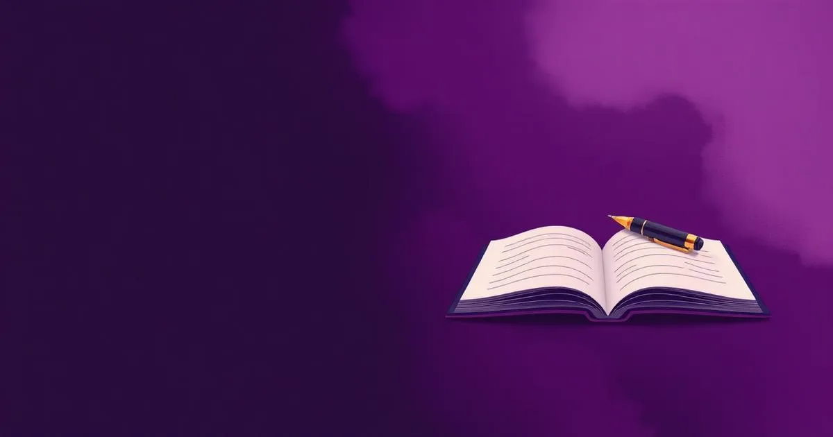 Cuaderno abierto con una pluma, práctica de journaling y diario de gratitud en tonos morados