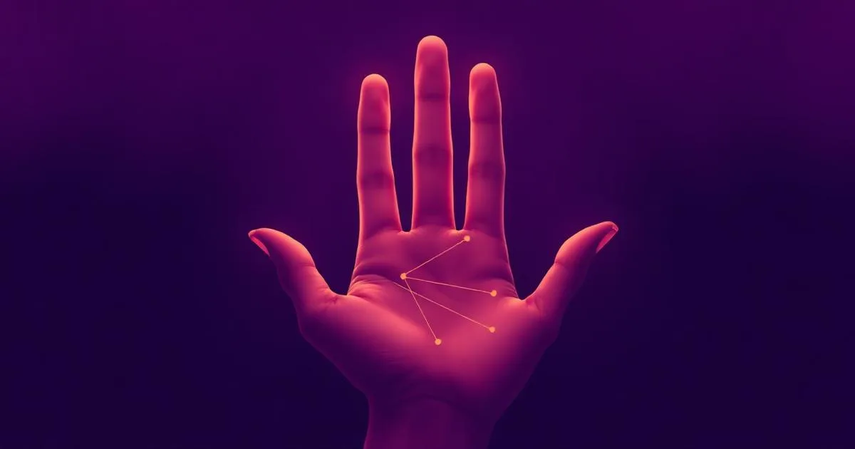 Palma de una mano con sus lΓneas iluminadas, lectura de manos en tonos morados